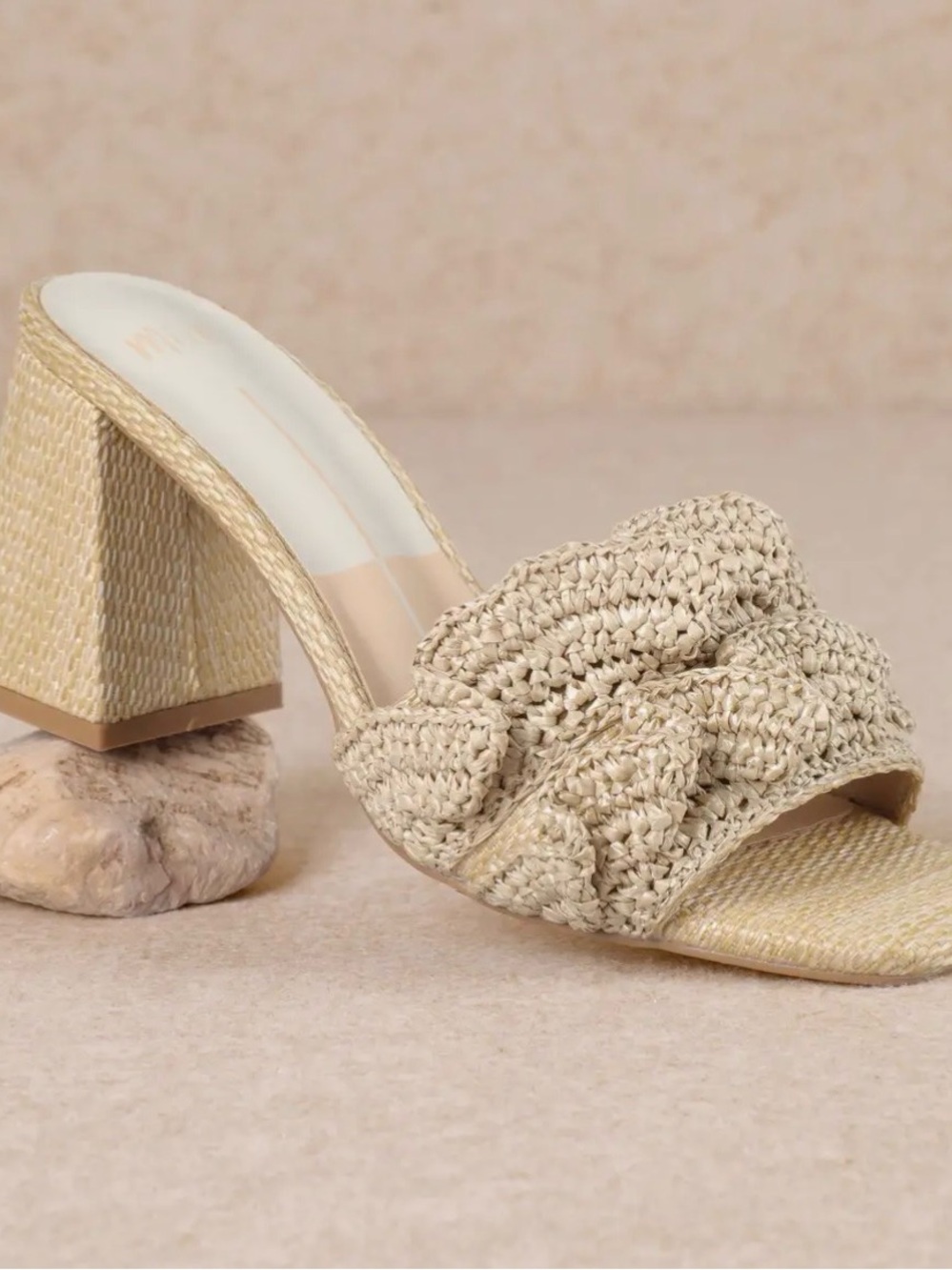 Woven Raffia Block Heel Slide - Neutral